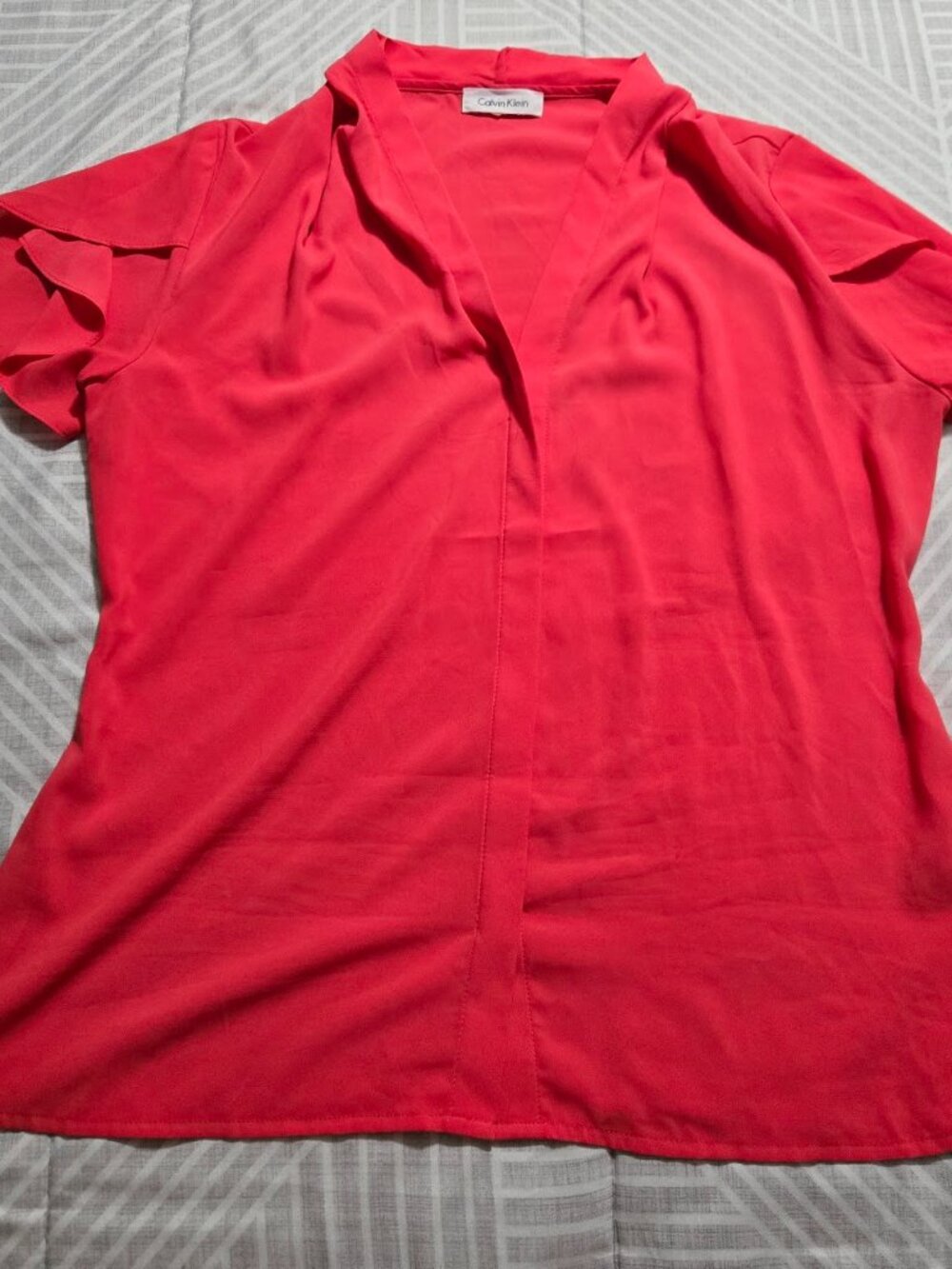 Calvin Klein Coral Red Split V-Neck Flutter Sleeve Chiffon Blouse M